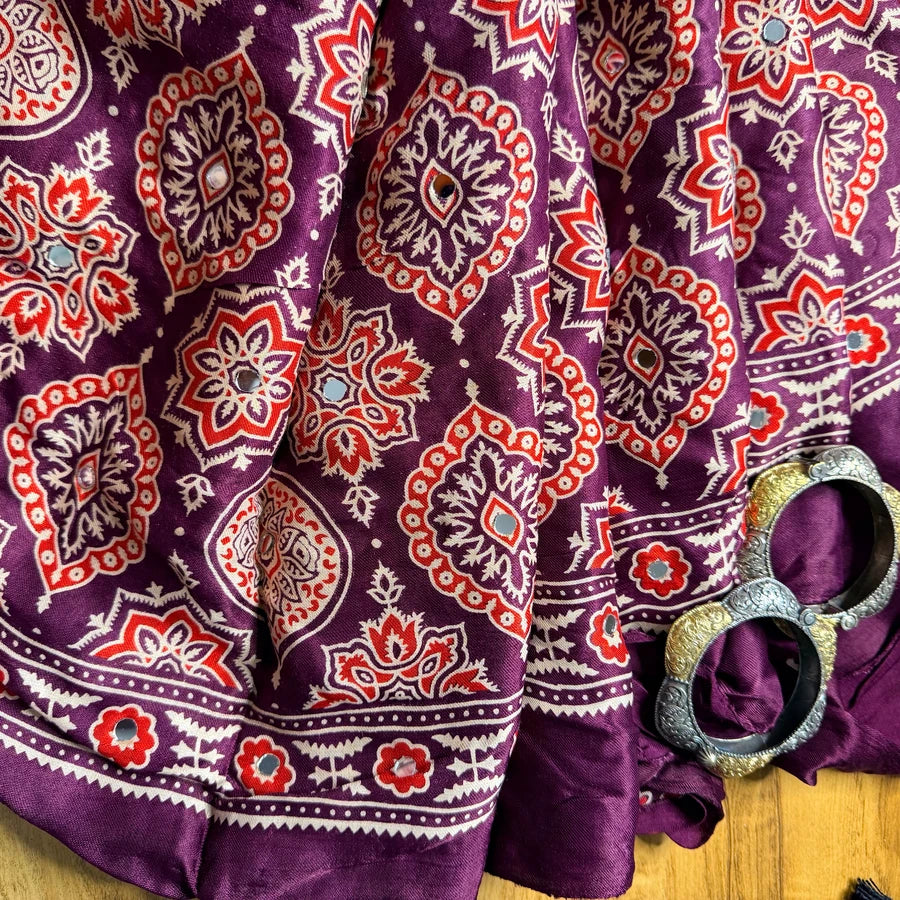 Wine Ajrakh Mirrorwork Modal Silk