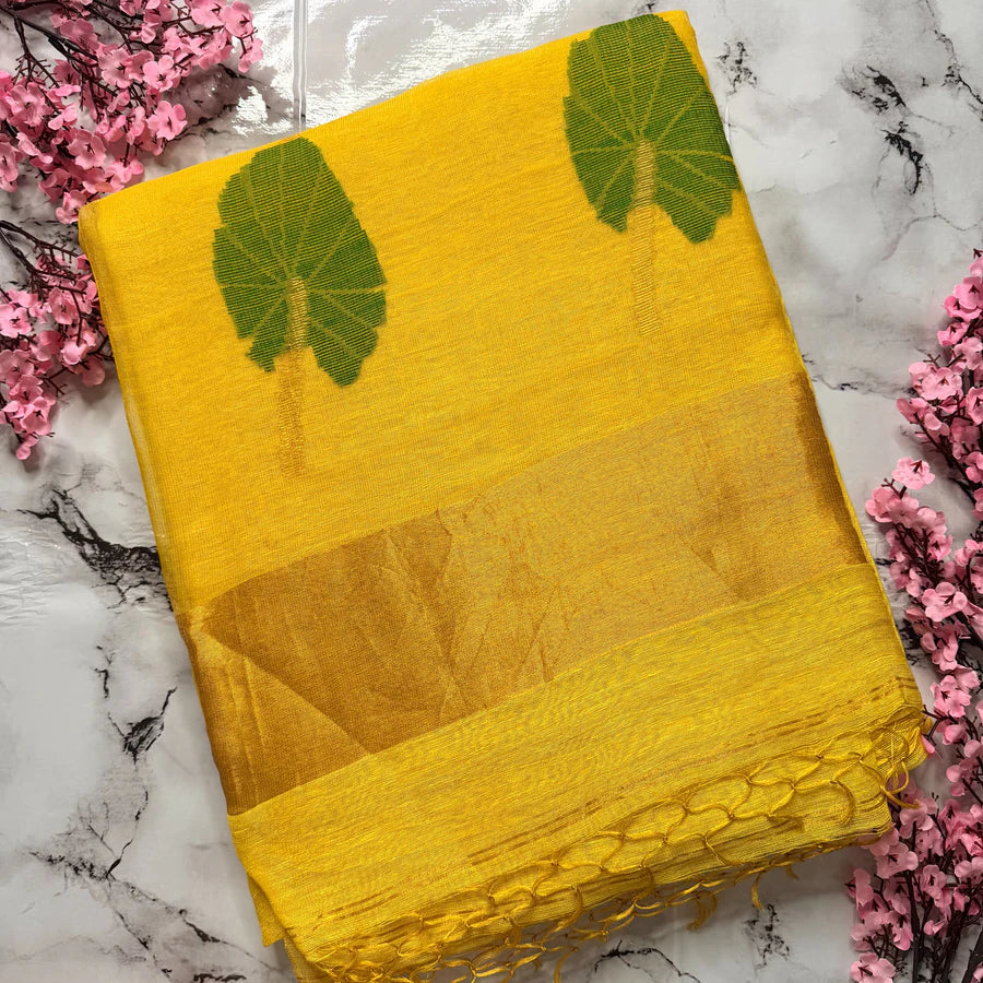 Yellow Lotus Silk Linen Jamdani Saree