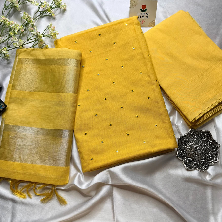 Yellow Mul Chanderi Mirror Embroidered 3-Piece Suit Set