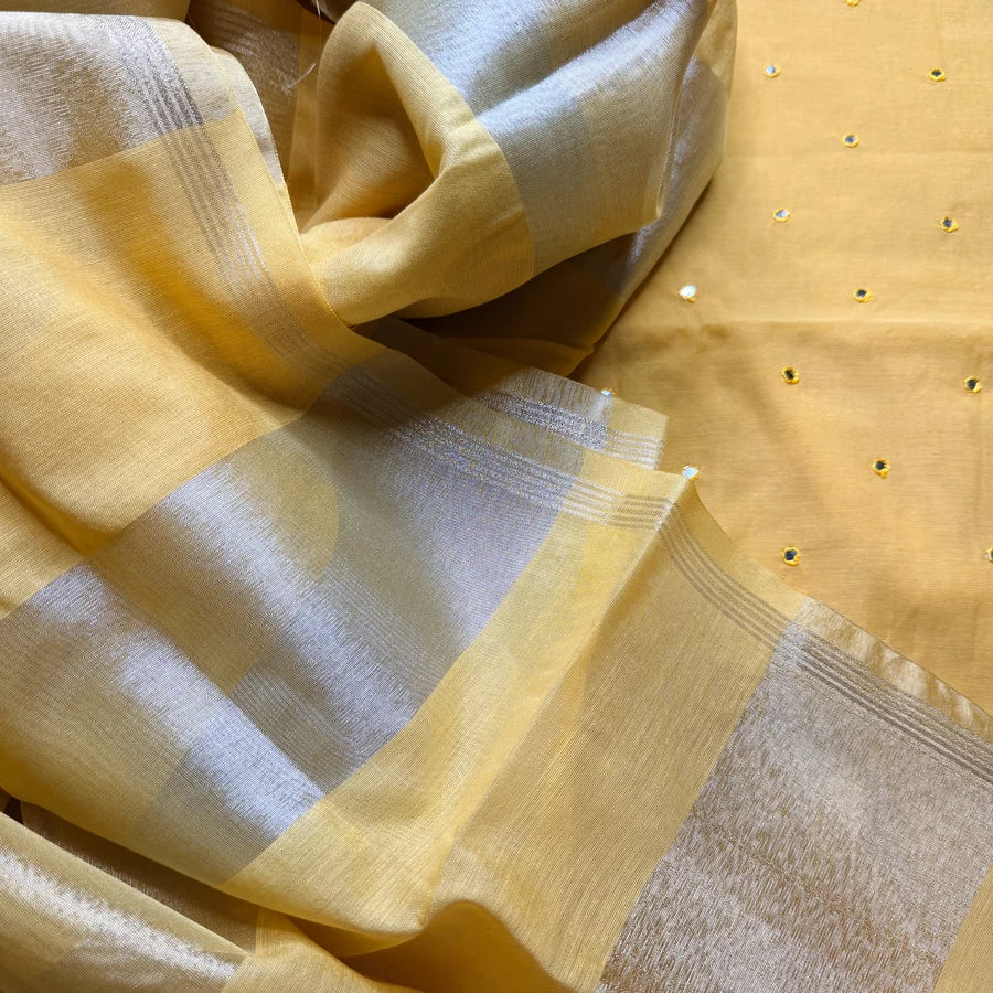 Yellow Mul Chanderi Mirror Embroidered 3-Piece Suit Set